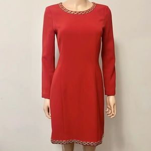 Michael Kors Red MIDI Dress with Gold Metal Studded Neckline & Hemline Womens 4